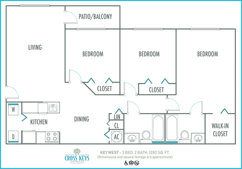 Floor plan for 3 beds, 2 baths, 1250 sqft
